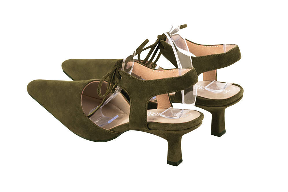 Women's khaki green elegant closed-toe heels, with an instep strap. Tapered toe. Medium spool heels - Rear view